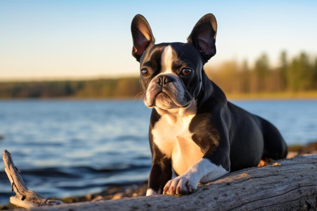 Boston terrier frente a un río