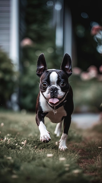 Boston Terrier juguetón en la fotografía de la naturaleza del patio trasero