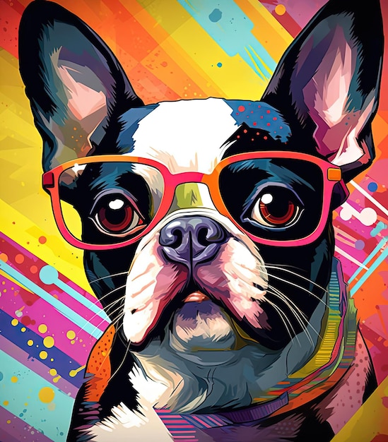 Boston Terrier trägt Brille im Stil von mutigem und farbenfrohen Grafikdesign