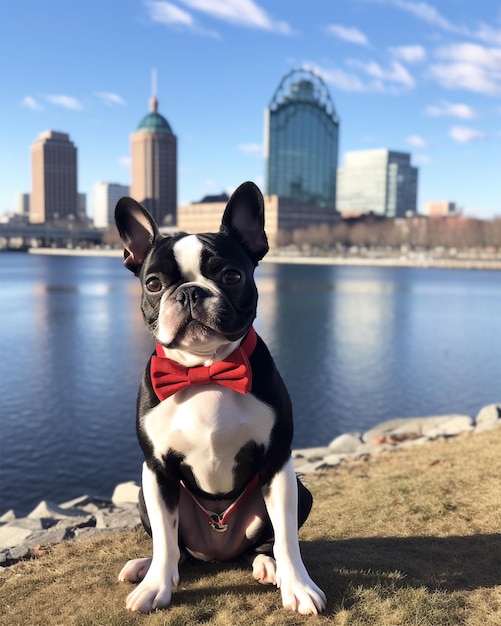 Boston Terrier usando uma gravata vermelha gerada pela IA