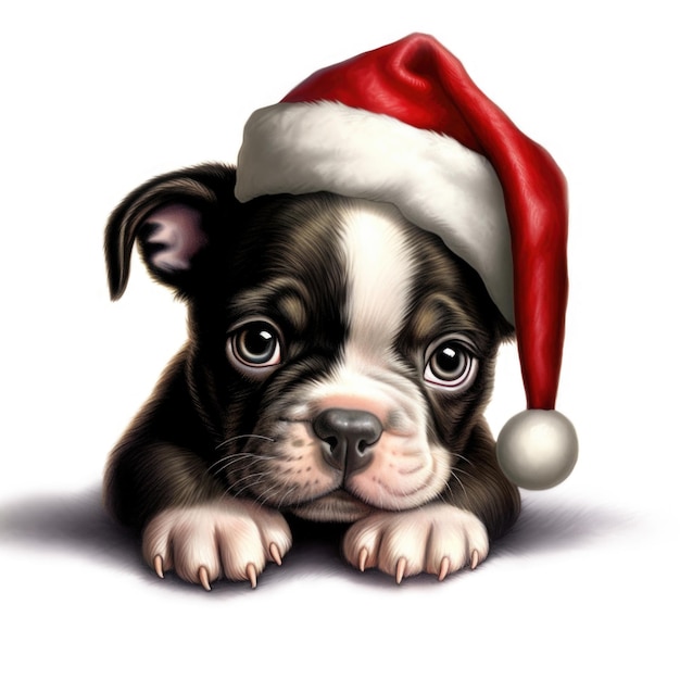 Boston Terrier-Welpe mit Weihnachtsmütze