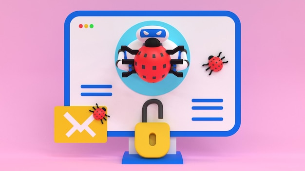 Bot de malware. Monitor de computador com robô malvado segurando um bug Cibersegurança. ilustração de renderização 3D