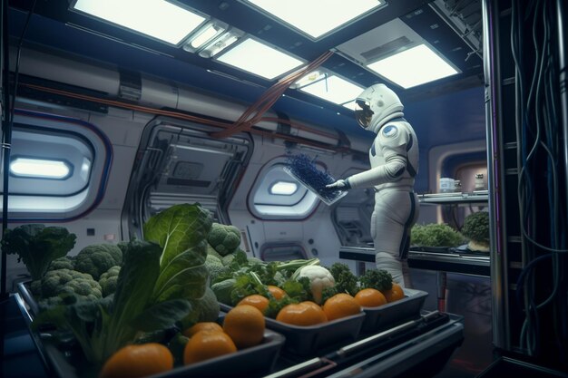 Bot futurista explorando a agricultura em outros planetas e avançando na exploração espacial