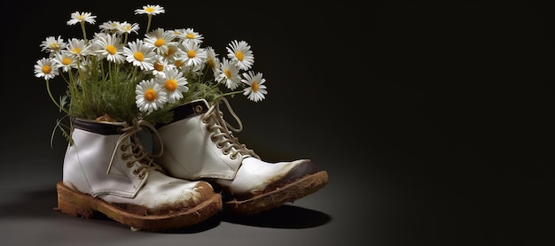 Bota antiga de IA generativa com flores de primavera prado plantador de sapato feito à mão