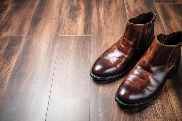 Bota de couro marrom no chão estilo masculino