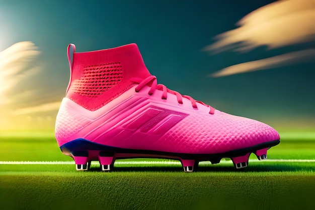 Bota de futebol rosa em um gramado verde Criado com tecnologia Ai generativa