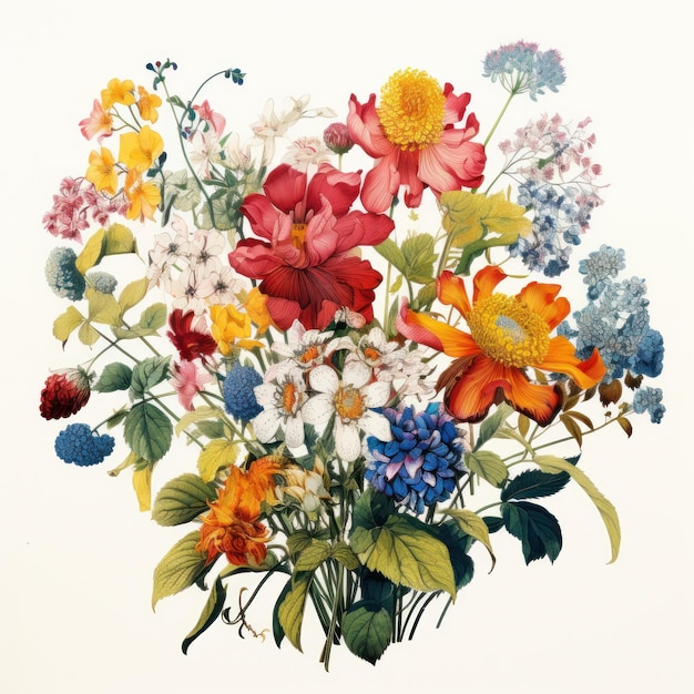 Botânica Bouquet Flores vintage Ervas e flores silvestres Ilustração colorida no estilo de gravura