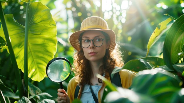 El botánico con una lupa en el invernadero rodeado de plantas