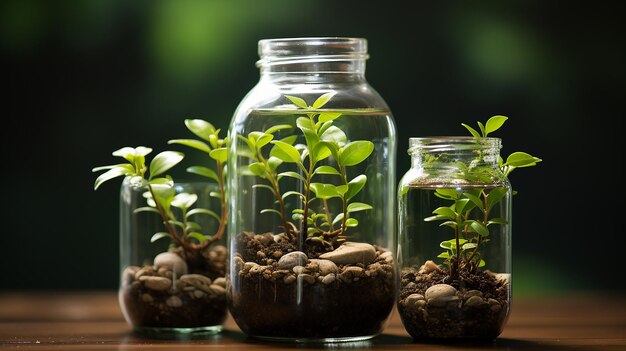 Botanische Eleganz Grünblattpflanze in einer Flasche mit klarem Wasser