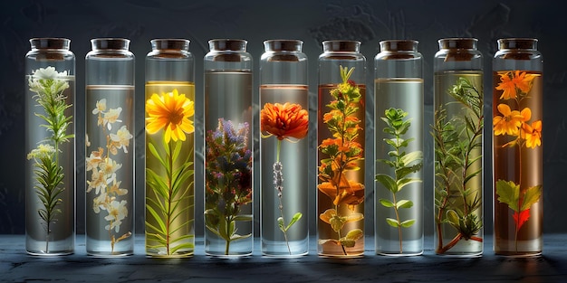 Botanische Experimenten Aufstellung Sammlung von Pflanzenproben in Glasröhren Konzept Botanische Experimente Pflanzenproben Glasröhre Sammlung