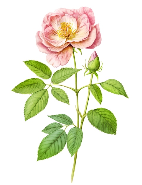 Botanische Illustration der Zimtrose lokalisiert auf weißem backgroun