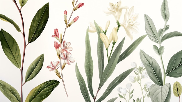 Botanische Illustration verschiedener blühender Pflanzen mit detaillierten Blättern und Blüten