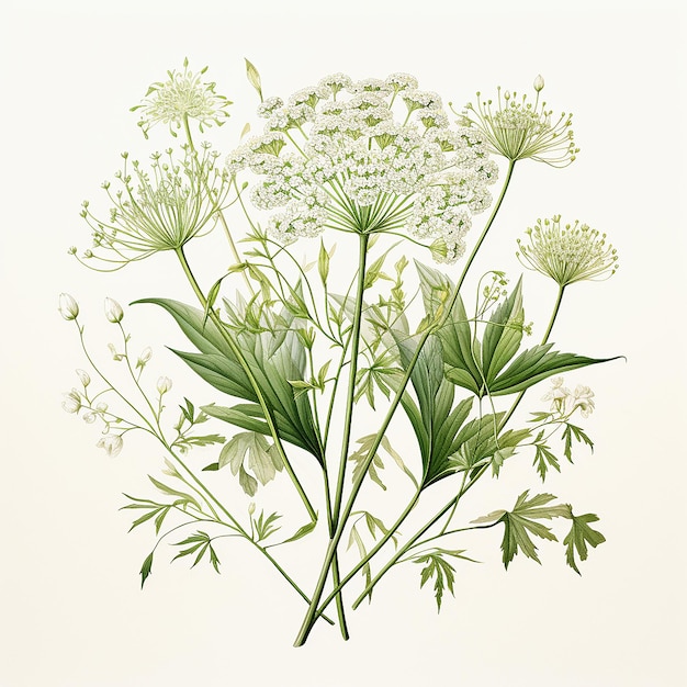 Botanische Illustration von Blumen und Blättern im Blumenstrauß