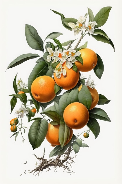 Botanische Malerei von Orangen und Blättern, weißer Hintergrund