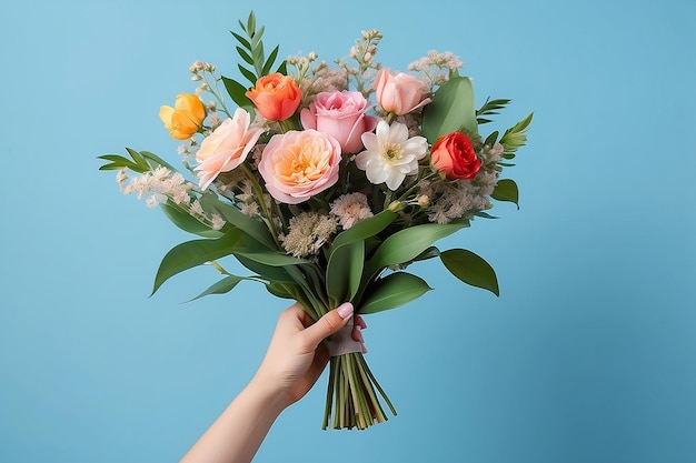 Botanische Schönheit Frauen in den Händen mit einem Blumenstrauß auf blauem Hintergrund feiern Natur und Frühlingsromantik