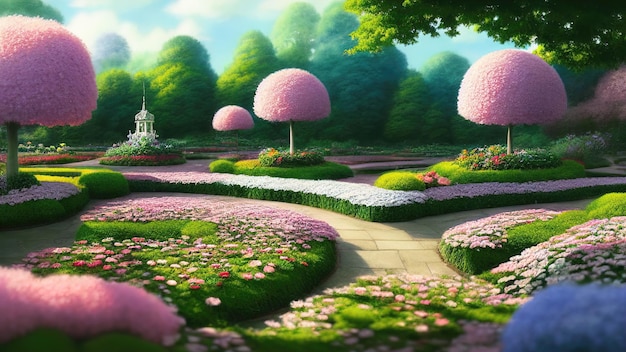 Botanischer japanischer Garten blühende rosa Bäume und Frühlingsblumen Ziergarten Labyrinth Büsche grünes Gras Blumenfest 3D-Illustration