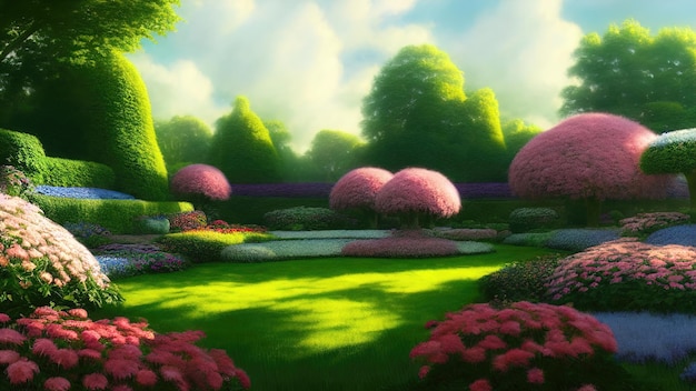 Botanischer japanischer Garten blühende rosa Bäume und Frühlingsblumen Ziergarten Labyrinth Büsche grünes Gras Blumenfest 3D-Illustration