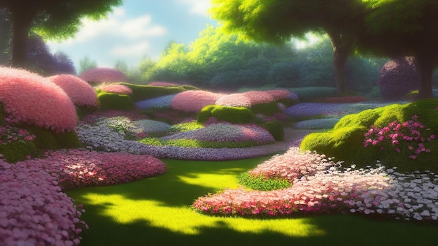 Botanischer japanischer Garten blühende rosa Bäume und Frühlingsblumen Ziergarten Labyrinth Büsche grünes Gras Blumenfest 3D-Illustration