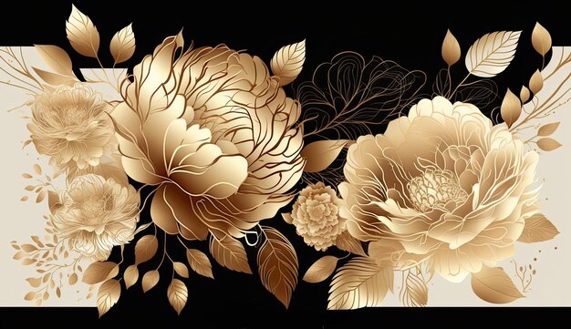 Foto botanisches acryl-flüssigkeitsdesign mit goldenen folienblumen und blättern, floraler hintergrund, ai generativ