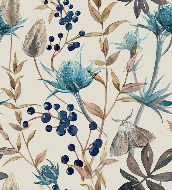 Botanisches nahtloses Muster mit Eryngium Eukalyptus Viburnum Lagurus, von Hand mit Aquarell gemalt