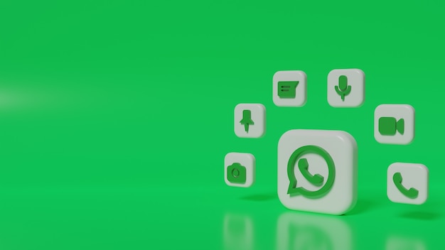 Botão com logotipo do Whatsapp 3D render com ícones de chat de fundo