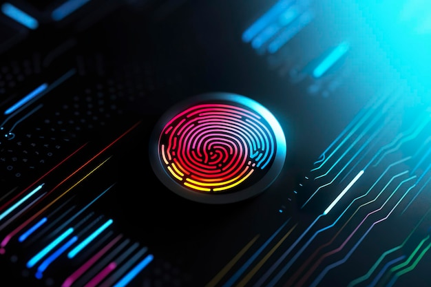 Botão de autenticação de impressão digital Identificação de segurança biométrica e conceito de segurança cibernética Impressão digital neon brilhante em fundo escuro AI Generative