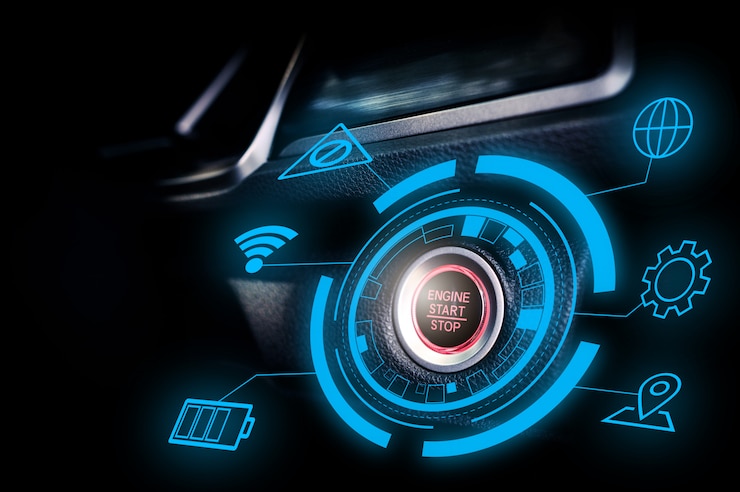 Foto botão de parada de partida do motor do carro autônomo futurista