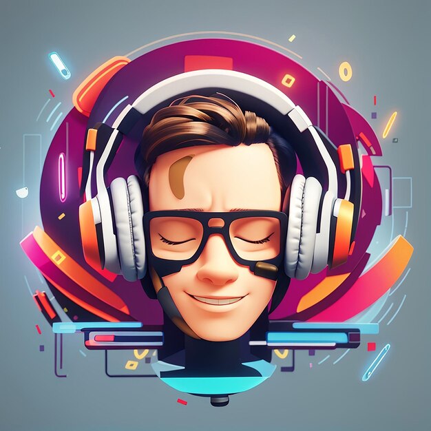 Botão de reprodução Ícone com fones de ouvido Música Ilustração vetorial Escuta de música Logotipo Estilo de desenho animado plano adequado para página de destino da Web Banner Flyer Sticker Papel de parede Cartão de fundo