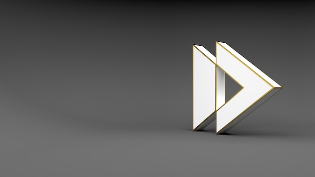 Botão de seta do logotipo em fundo cinza com debrum dourado e sombras suaves. Renderização 3D.