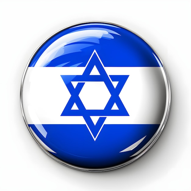 Botão nas cores da bandeira de Israel com símbolo judaico Estrela de Davi