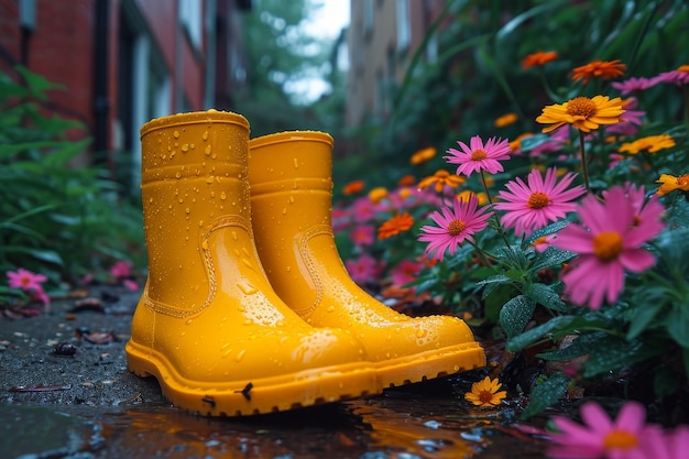 Las botas amarillas están de pie en el jardín de verano después de la lluvia