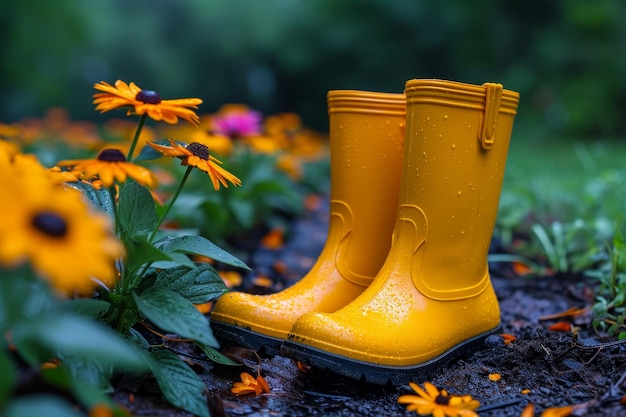 Las botas amarillas están de pie en el jardín de verano después de la lluvia