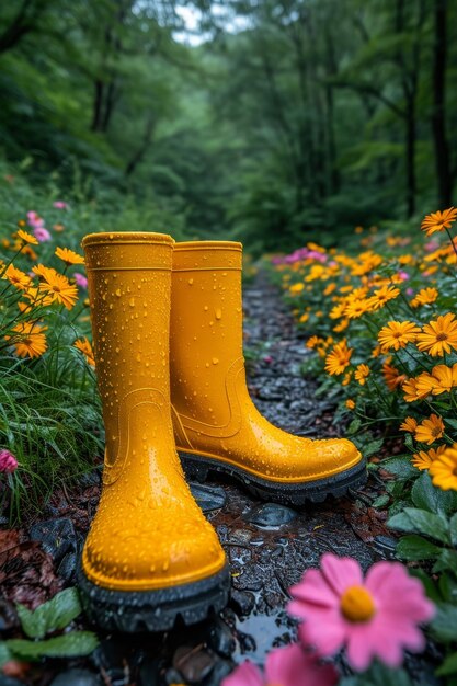 Las botas amarillas están de pie en el jardín de verano después de la lluvia