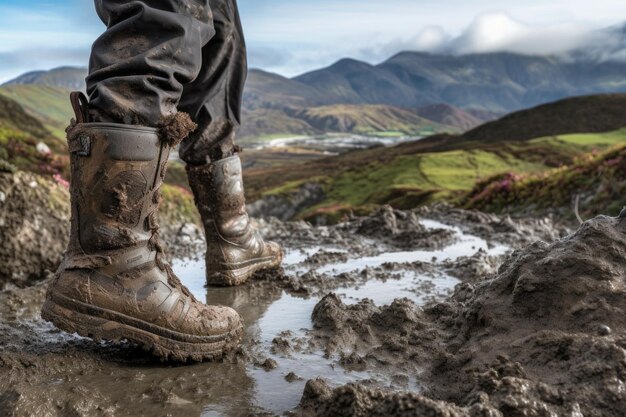 Foto botas de barro en un terreno rocoso con montañas en el fondo creadas con ai generativa