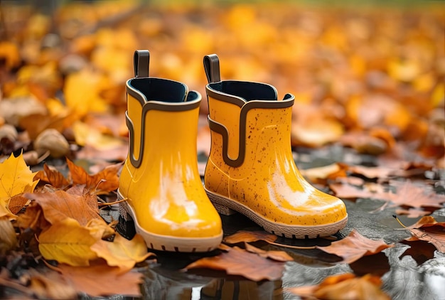 Botas de bebé en el parque de otoño Zapatos para niños con hojas amarillas al aire libre