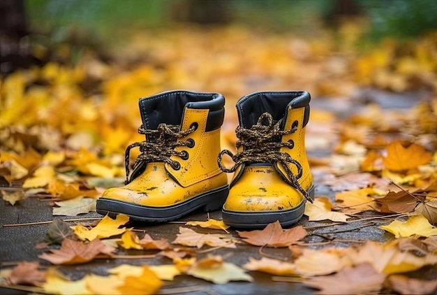 Botas de bebé en el parque de otoño Zapatos para niños con hojas amarillas al aire libre
