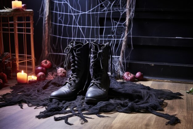 Foto botas de bruja con cordones junto a un felpudo