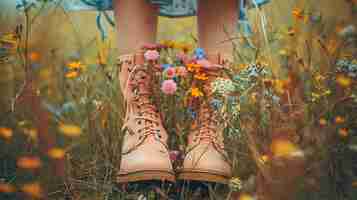 Foto botas en un campo de flores