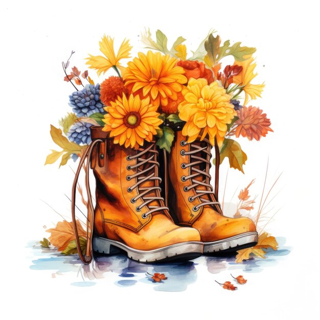 Foto botas castanhas aquareladas com folhas e flores de outono em fundo branco generative ai