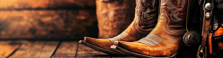 Botas clásicas de vaquero americano y espolones de cerca con espacio de copia profundidad de campo