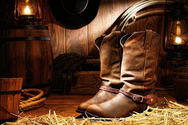 Foto botas clssicas elegantes e um chapu de cowboy de couro