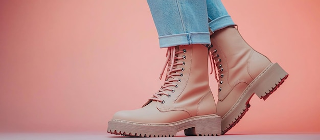 Botas de combate beige elegantes usadas por una modelo contra un fondo de gradiente rosa suave