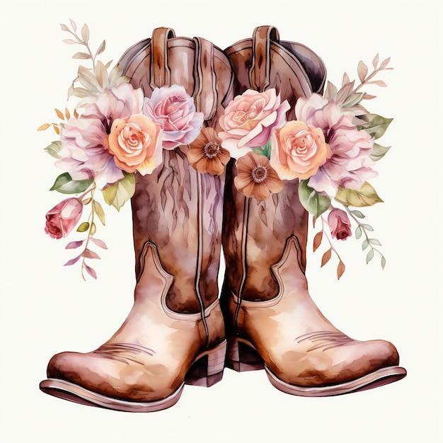 botas de cowgirl de acuarela pareja con flores occidental salvaje oeste cowboy ilustración del desierto