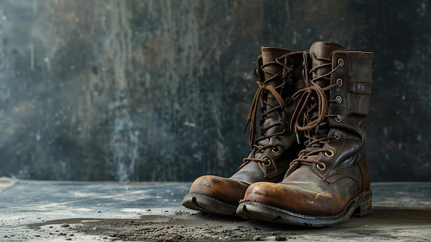 Botas de cuero marrones gastadas en un suelo oscuro