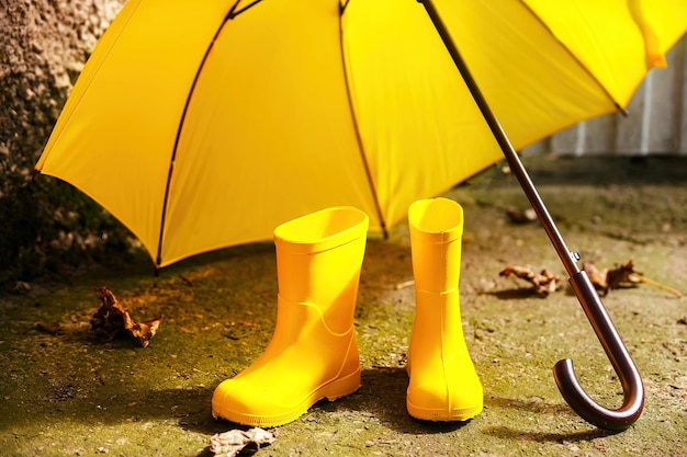 botas de borracha amarela e um guarda-chuva amarelo ficam no chão em um outono quente