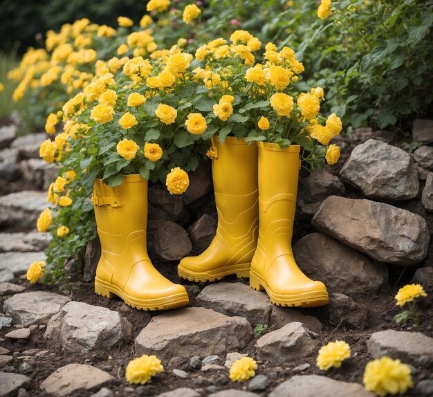 Botas de borracha amarelas com flores amarelas de crisântemo no jardim