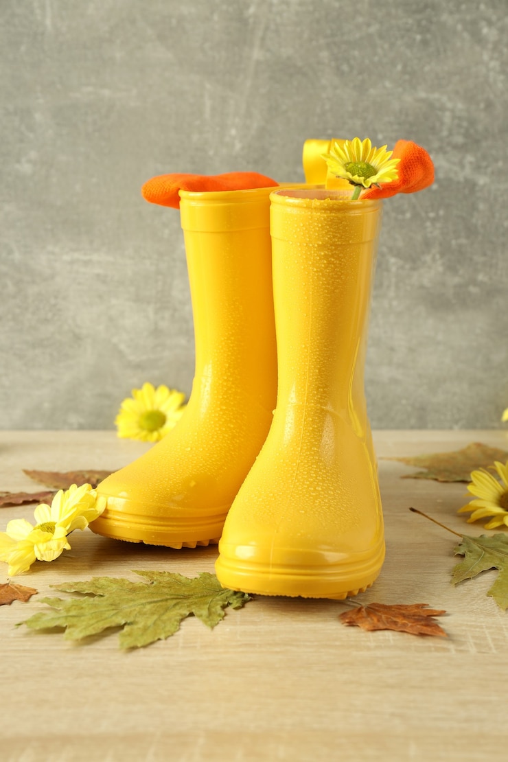 Foto botas de borracha com flores na mesa de madeira com folhas.