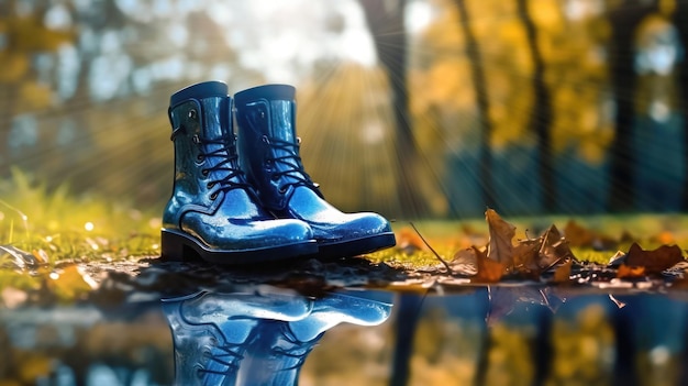 Botas de borracha com reflexos de poça na IA generativa de outono