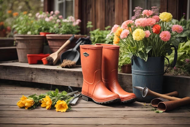 Foto botas de borracha, ferramentas de jardinagem e flores de primavera no terraço de madeira no jardim de primavera