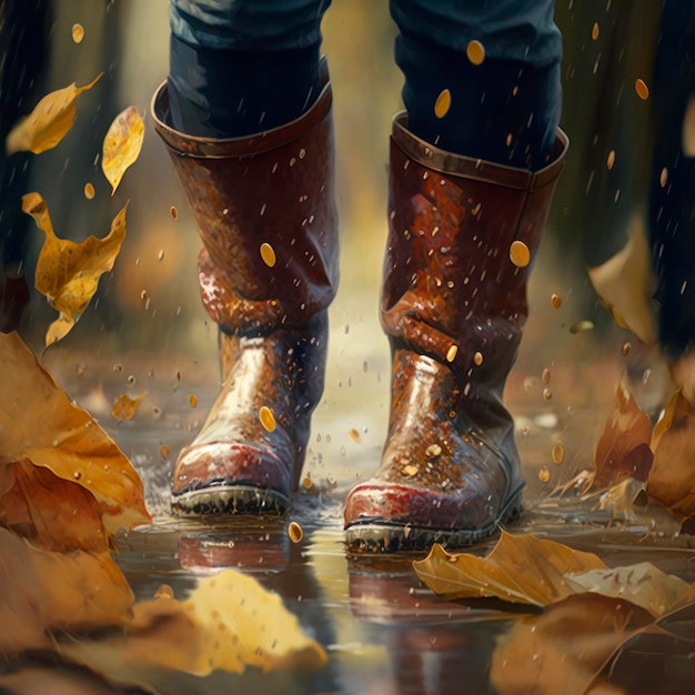 Botas de borracha na chuva de outono